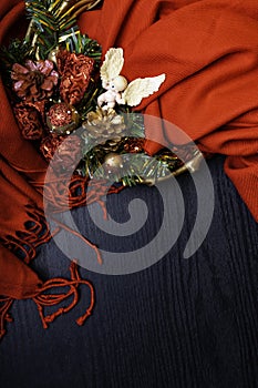 merry Christmas card, Believe in the magic of Christmas, Handmade craft xmas wreath and red scarf with squirrel, angel