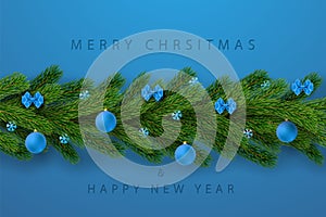 Merry Christmas card, blue background. Garland 3D border green branch, holiday elegant text invitation. Hanging decor