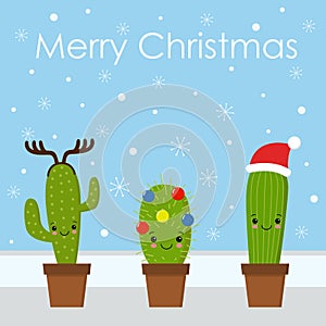 Merry Christmas card. Cactus in a Christmas hat. Cute greeting card.