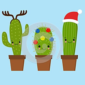 Merry Christmas card. Cactus in a Christmas hat. Cute greeting card.