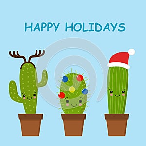 Merry Christmas card. Cactus in a Christmas hat. Cute greeting card