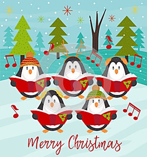 Merry Christmas card with choir penguins