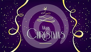 Merry Christmas card with christmas tree, crown and golden confetti on violet background