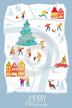 Merry Christmas card with city map and people doing winter activities.