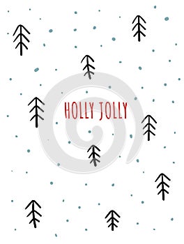 Merry Christmas card with cute black and white fur trees, snowflakes, text. Doodle winter holidays, noel background