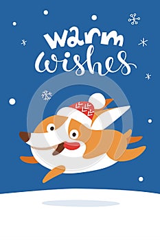 Merry Christmas card with cute cartoon corgi puppy