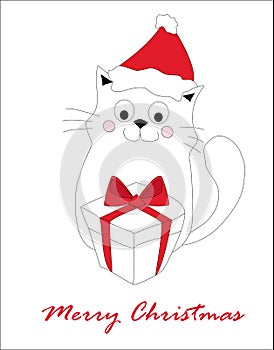 Merry christmas card with cute cat in a santa hat - doodle illustration