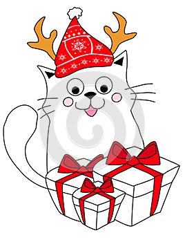 Merry christmas card with cute cat in a santa hat with reindeer horns - doodle illustration