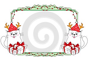 Merry christmas card with cute cats in a santa hat with reindeer horns - doodle illustration