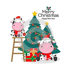 Merry Christmas card with Cute cow wearing Santa Claus hat