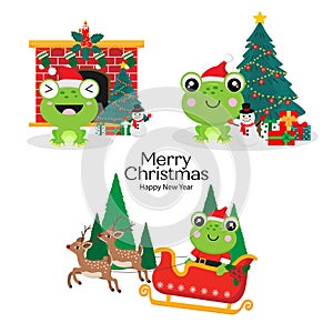 Merry Christmas card with Cute frog wearing Santa Claus hat