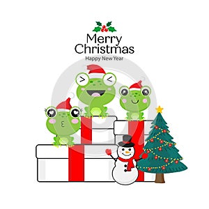 Merry Christmas card with Cute frog wearing Santa Claus hat