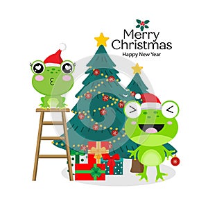 Merry Christmas card with Cute frog wearing Santa Claus hat