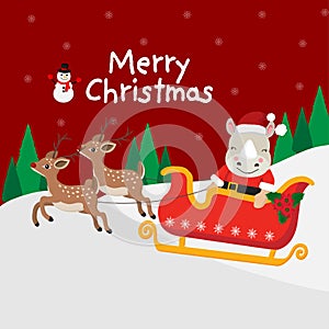 Merry Christmas card with Cute Rhino wearing Santa Claus hat