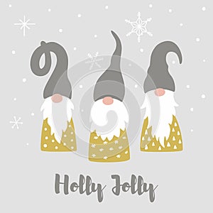 Merry christmas card with cute scandinavian gnomes, snowflakes and text Holly Jolly.