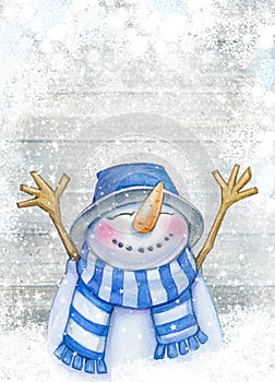 Merry Christmas card. Cute snowman cartoon, greeting card for winter holidays