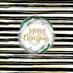 Merry Christmas card design black and white brush background and gold lettering