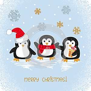 Merry Christmas card design with cute doodle penguins.