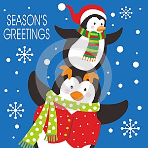 Merry christmas card design with cute penguins and snowflakes