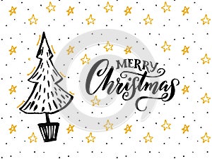 Merry Christmas card design with hand drawn tree and calligraphy caption. White background with yellow stars and black photo