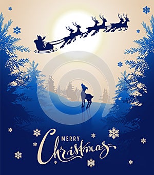 Merry Christmas card design text. Young deer looks up at silhouette Santa sleigh of reindeer in night sky. Winter fairy forest