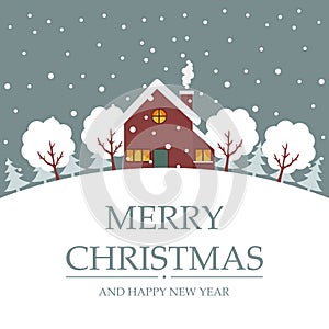 Merry Christmas card design of trees and house in the snow