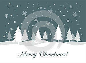 Merry Christmas card with fir tree silhouettes and snowflakes