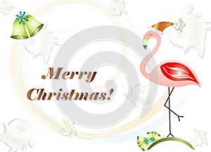 merry Christmas card with flamingo cartoon illustration