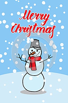 Merry Christmas card in funny cartoon style. Vector illustration with typography, smiling snowman and falling snow. Cute