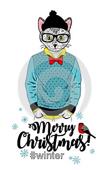 Merry Christmas card with funny cat animal in modern hipster style.