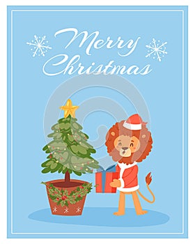 Merry christmas card with funny lion in red santa cloths holding gift box, Christmas tree, cartoon vector illustration.