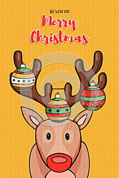 Merry Christmas card of funny reindeer cartoon
