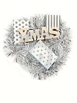 Merry Christmas card with gift boxes, silvered ribbons and balls isolated in white background