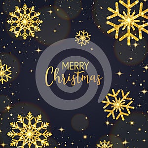 Merry Christmas card with glitter gold snowflakes, glowing lights and stars. Luxury banner with falling particles and