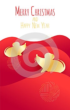 Merry Christmas card with golden mouse in flat design on red background. Vector