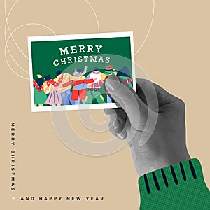 Merry Christmas card hand holding friend photo retro collage illustration