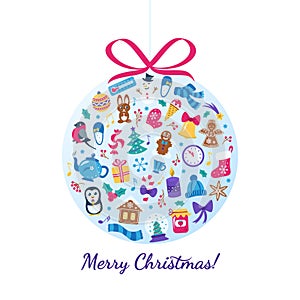 Merry Christmas card with icons in christmas ball