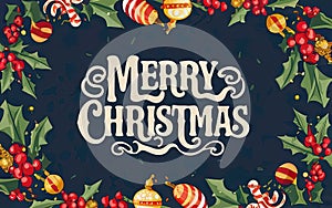 Merry Christmas card with letterig for winter holidays. Generated AI.