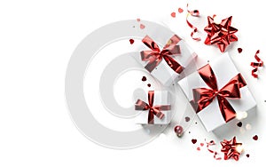 Merry Christmas card made of gift boxes, red decoration, sparkles and confetti on white background. Xmas and New Year holiday,