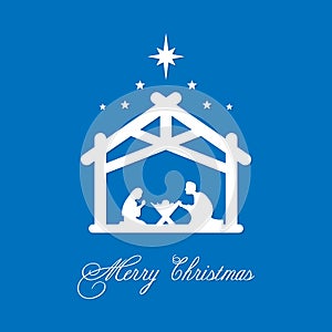 Merry Christmas card. Mary and Joseph bowed to the newborn Savior in a stable. Vector illustration EPS 10