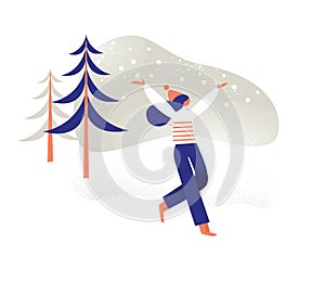 Merry Christmas card. X-Mas, xmas card. Girl runs with snow
