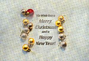 Merry Christmas Card with Metallic Background, Gold Balls and Text for Seasons Greetings