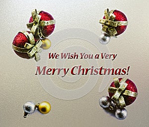 Merry Christmas Card with Metallic Background and Red Gold Balls for Seasons Greetings