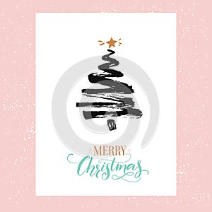 Merry Christmas card, minimalism design. Simple sketched fir tree and calligraphy text Merry Christmas. Black ink and