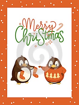 Merry Christmas Card with Penguin in Knitwear