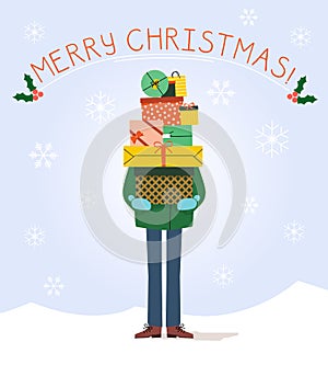 Merry Christmas Card with Pile of Gifts