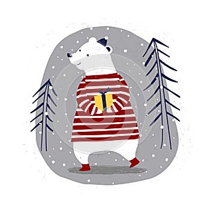 Merry Christmas Card with polar bear with a gift in winter forest