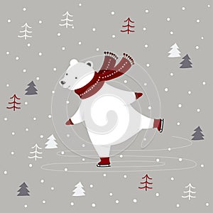 Merry Christmas Card with polar bear ice skating outdoor in winter forest