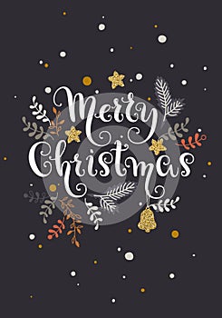 Merry Christmas card, poster.  Handwritten  lettering  with decorative twigs and gold stars