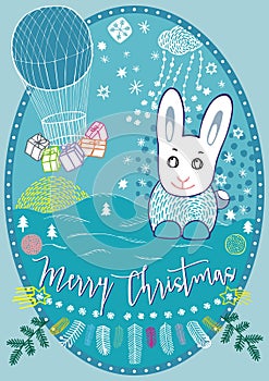 Merry Christmas card with rabbit and flying balloon